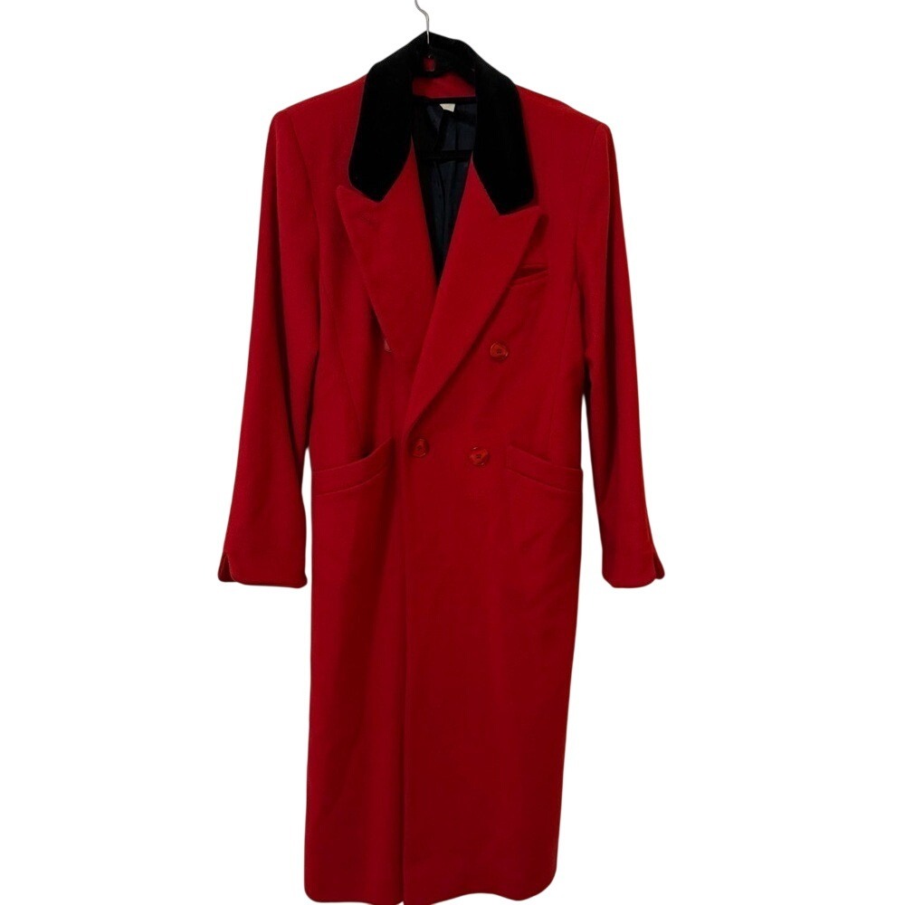Talbots Vtg Red Wool Trench Coat Black Collar Double Breasted Full Length 6 EUC